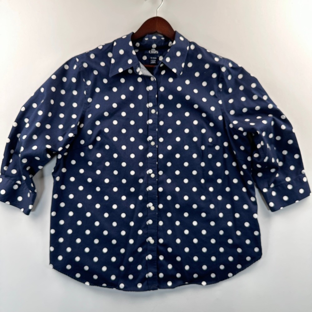 Chaps by Ralph Lauren Polka Dot Top 3/4 Sleeves No Iron Blouse Preppy Navy Sz 1X - Picture 2 of 8